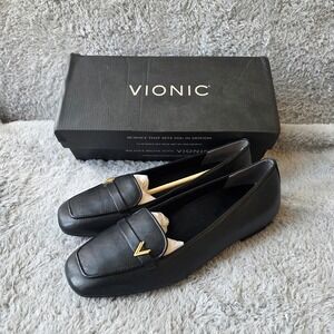 Vionic Hayes Leather Loafers Womens Square Toe Comfort Dress Shoes Black 10N NEW